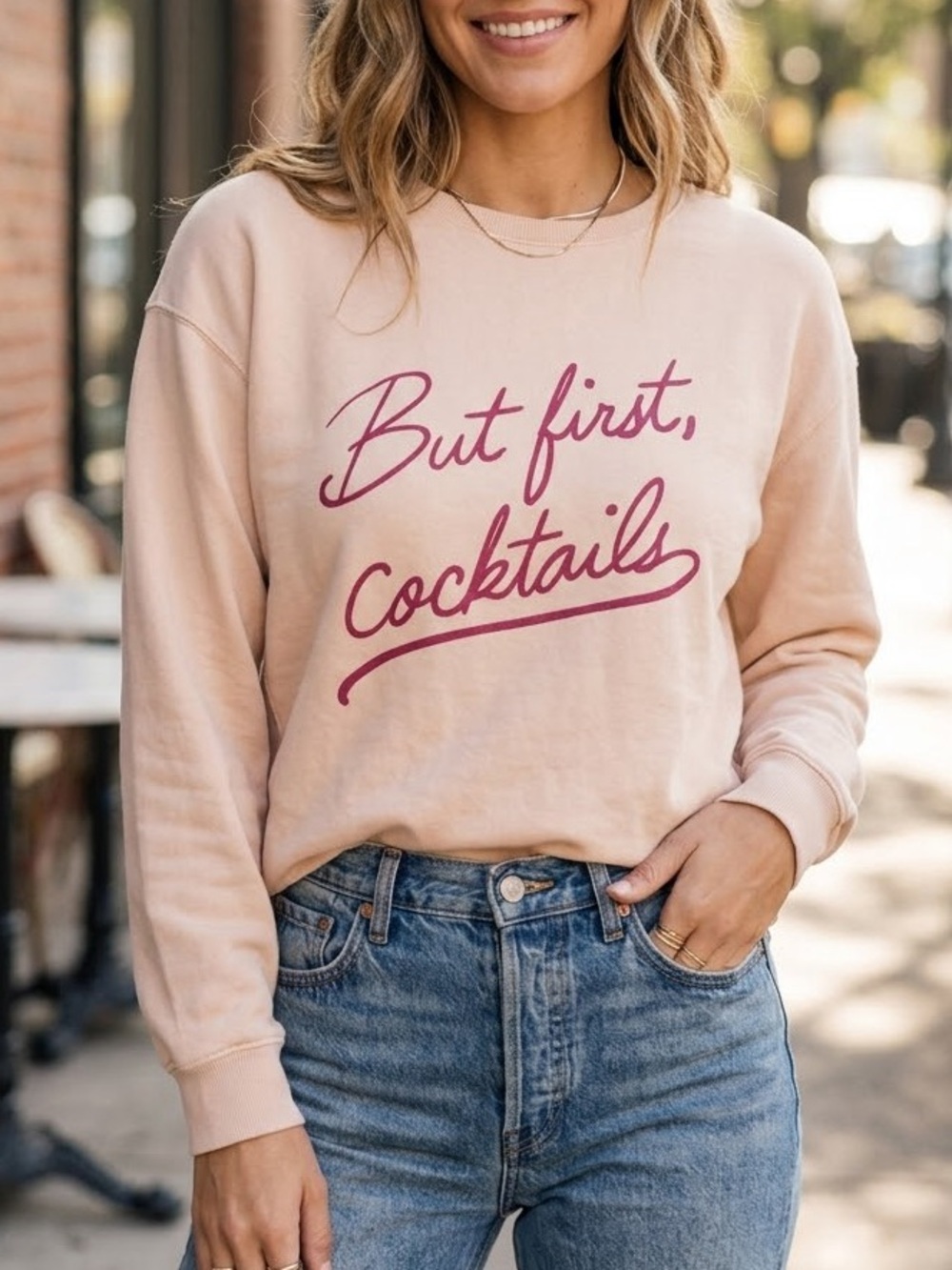 WILDFOX "But First, Cocktails" Blush Pink Graphic Sweatshirt L
